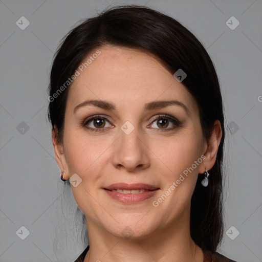 Joyful white young-adult female with medium  brown hair and grey eyes