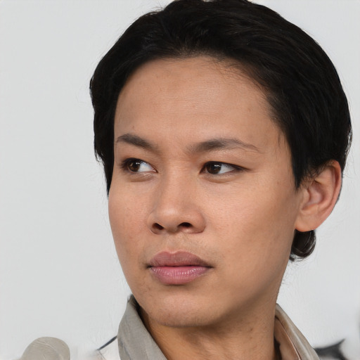 Neutral asian young-adult female with short  black hair and brown eyes