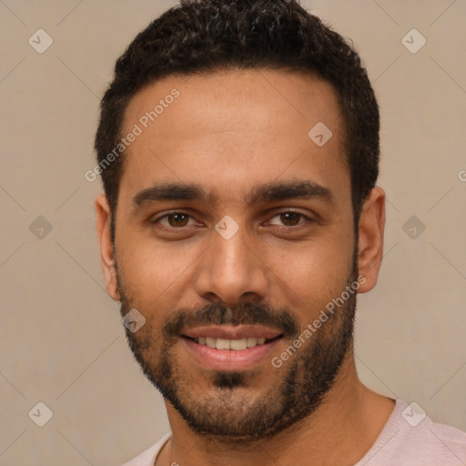 Joyful white young-adult male with short  black hair and brown eyes