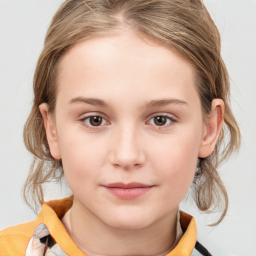 Joyful white child female with medium  brown hair and blue eyes