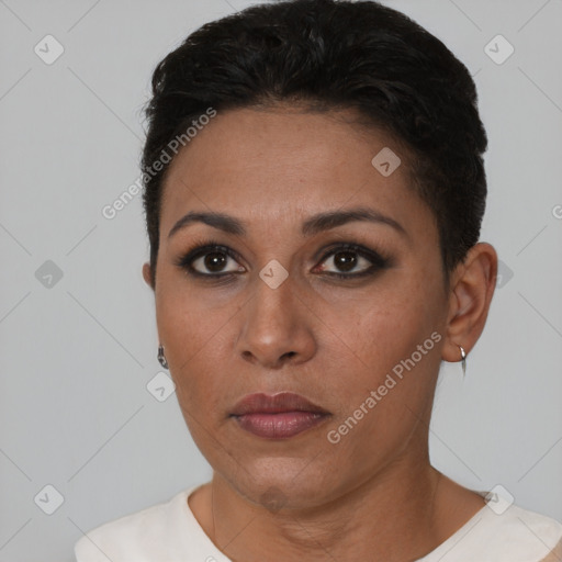 Neutral black young-adult female with short  black hair and brown eyes