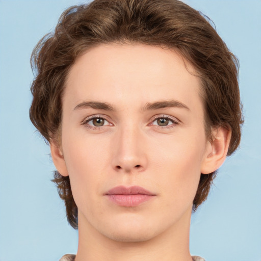 Neutral white young-adult female with short  brown hair and brown eyes