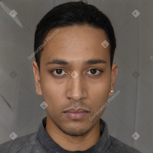 Neutral latino young-adult male with short  black hair and brown eyes