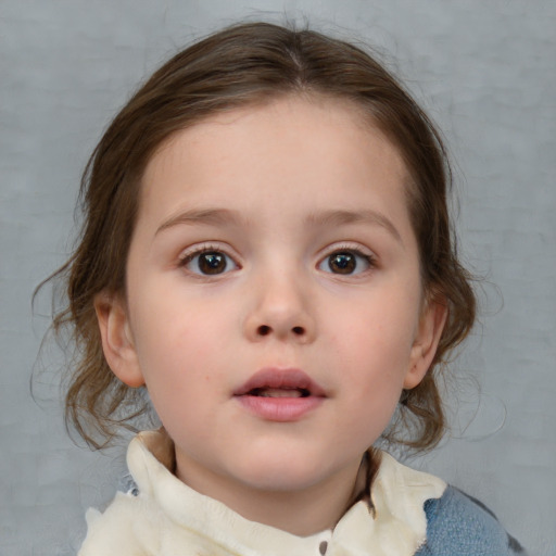 Neutral white child female with medium  brown hair and blue eyes