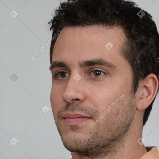 Neutral white young-adult male with short  brown hair and brown eyes