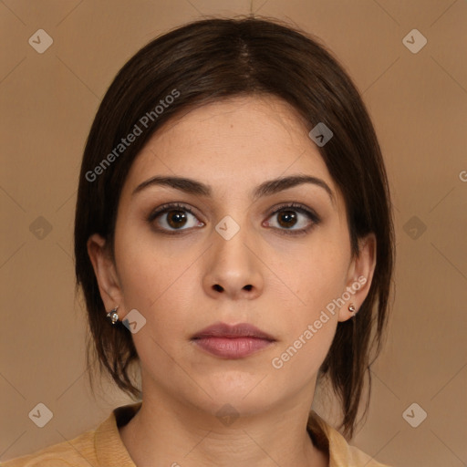 Neutral white young-adult female with medium  brown hair and brown eyes