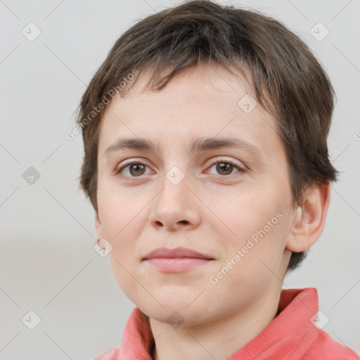 Neutral white young-adult female with short  brown hair and brown eyes