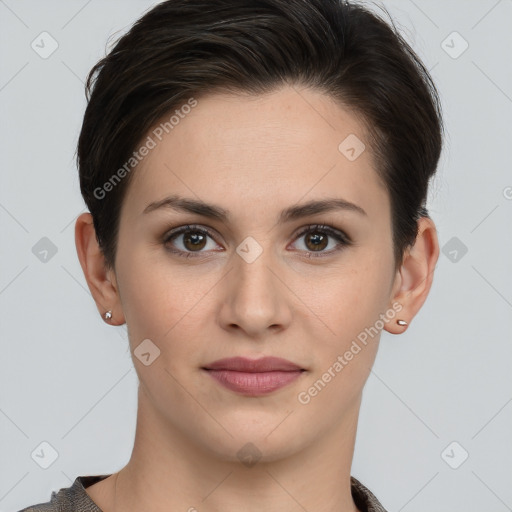 Joyful white young-adult female with short  brown hair and brown eyes