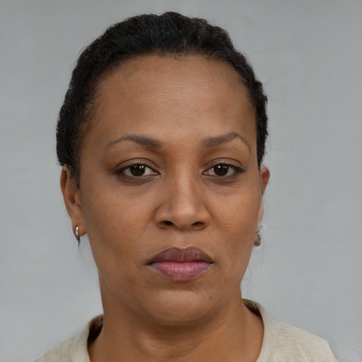 Neutral black adult female with short  brown hair and brown eyes