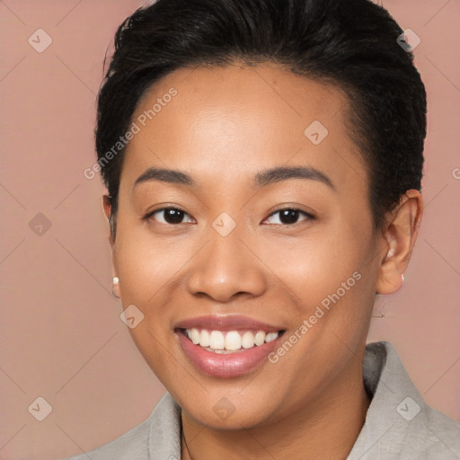 Joyful white young-adult female with short  brown hair and brown eyes