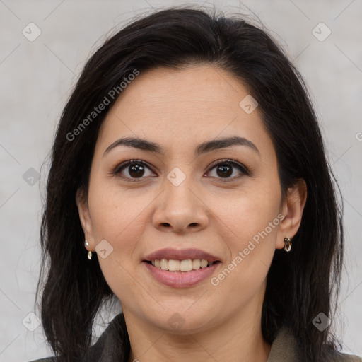 Joyful latino young-adult female with medium  brown hair and brown eyes