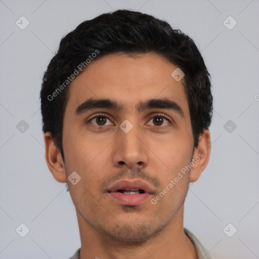 Neutral latino young-adult male with short  black hair and brown eyes