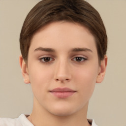 Neutral white young-adult female with short  brown hair and brown eyes