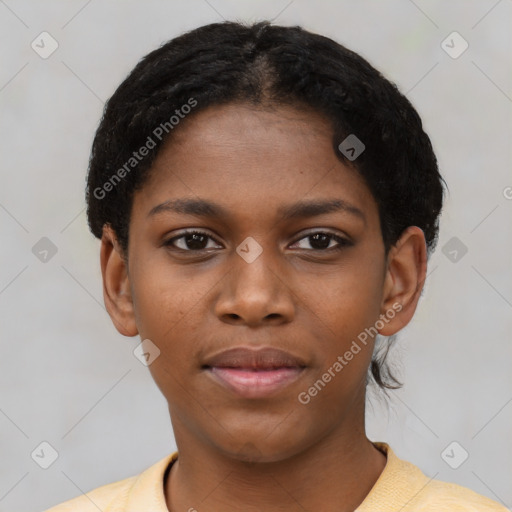 Joyful black young-adult female with short  black hair and brown eyes