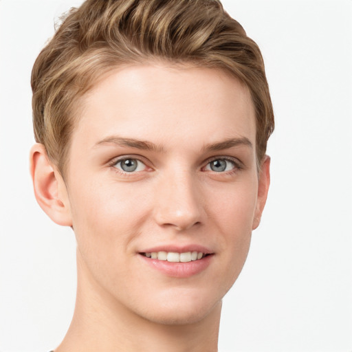 Joyful white young-adult female with short  brown hair and grey eyes