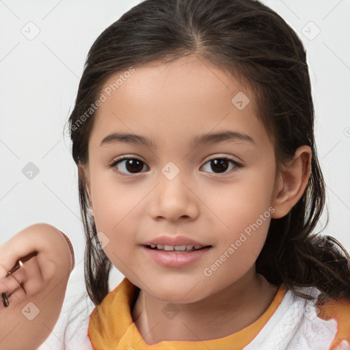 Joyful white child female with medium  brown hair and brown eyes