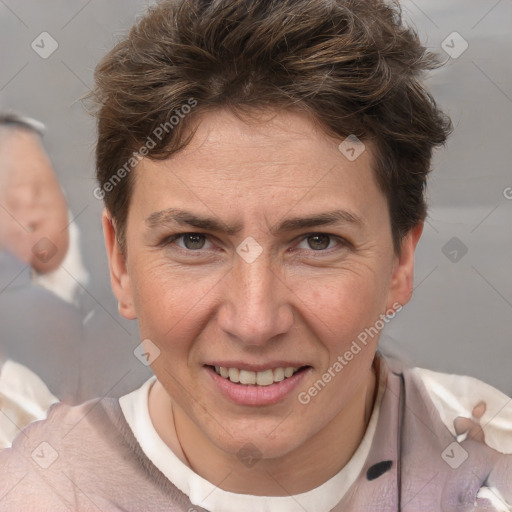 Joyful white adult female with short  brown hair and brown eyes