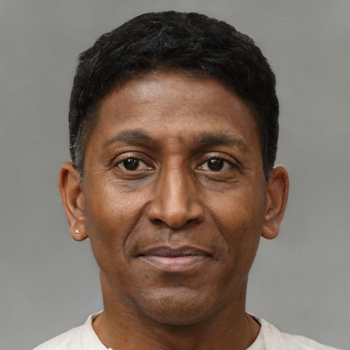 Joyful black adult male with short  black hair and brown eyes
