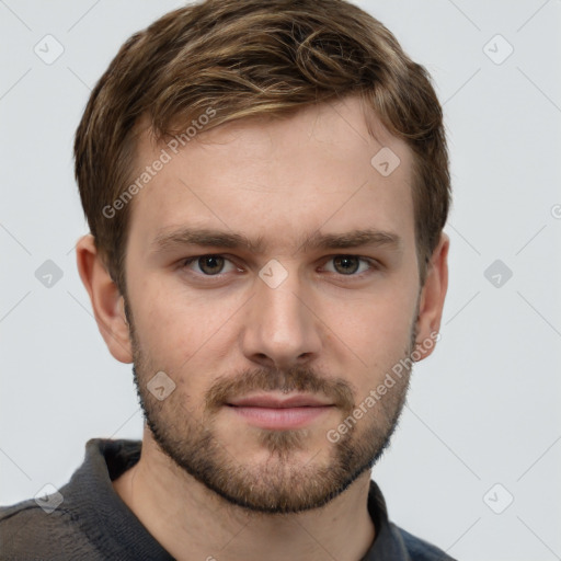 Neutral white young-adult male with short  brown hair and grey eyes