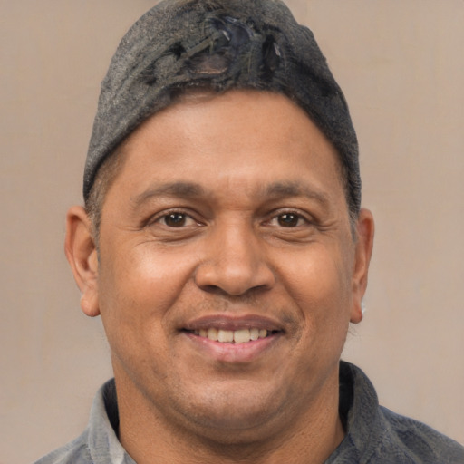 Joyful latino adult male with short  brown hair and brown eyes
