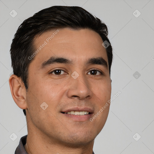 Joyful white young-adult male with short  black hair and brown eyes