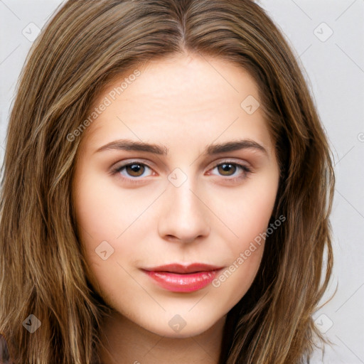 Neutral white young-adult female with long  brown hair and brown eyes