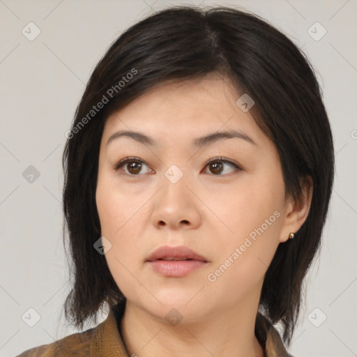 Neutral asian young-adult female with medium  brown hair and brown eyes