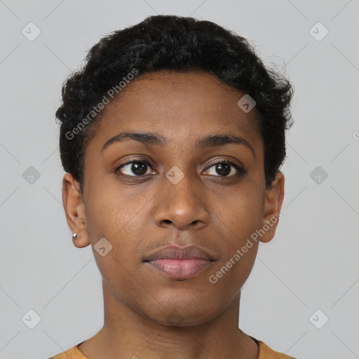 Neutral black young-adult female with short  black hair and brown eyes