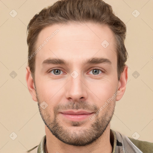 Neutral white young-adult male with short  brown hair and grey eyes