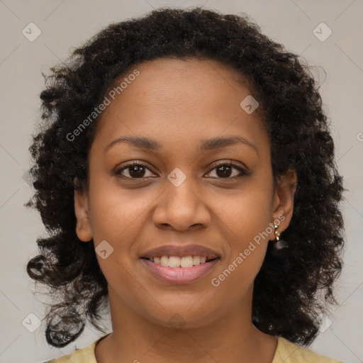 Joyful black young-adult female with medium  brown hair and brown eyes