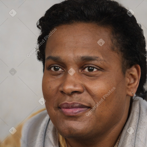 Joyful black adult male with short  black hair and brown eyes