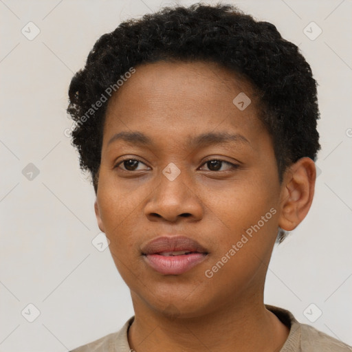 Neutral black young-adult female with short  brown hair and brown eyes