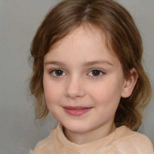 Joyful white child female with medium  brown hair and brown eyes