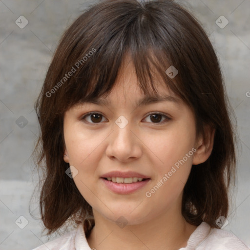 Joyful white child female with medium  brown hair and brown eyes