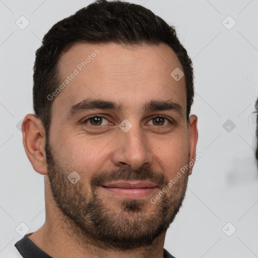 Joyful white young-adult male with short  brown hair and brown eyes