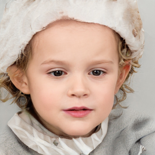 Neutral white child female with medium  brown hair and blue eyes