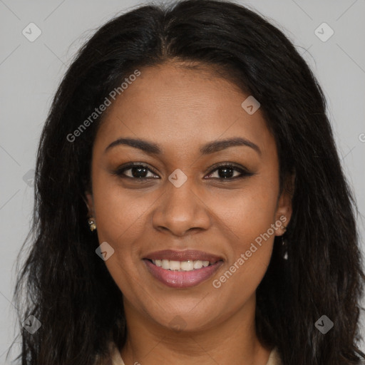 Joyful black young-adult female with long  brown hair and brown eyes