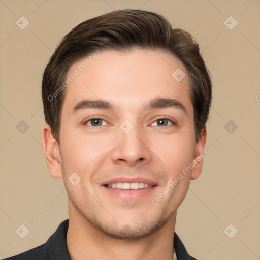 Joyful white young-adult male with short  brown hair and brown eyes