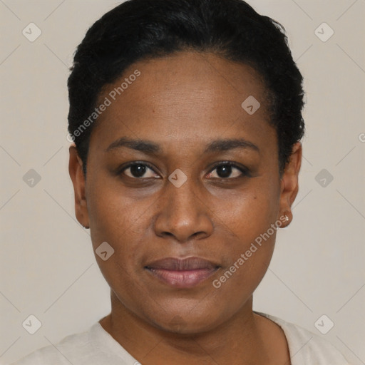 Neutral black young-adult female with short  black hair and brown eyes