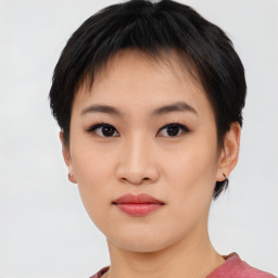 Neutral asian young-adult female with short  brown hair and brown eyes