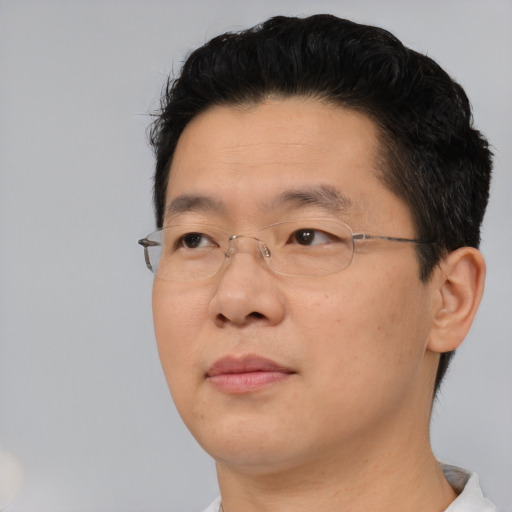 Neutral asian adult male with short  brown hair and brown eyes