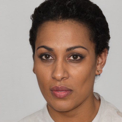 Neutral black young-adult female with short  black hair and brown eyes