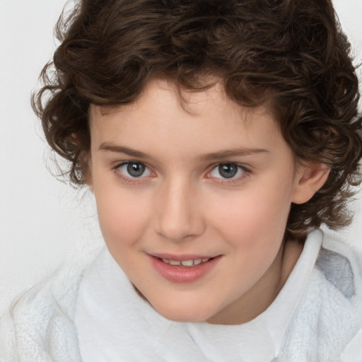 Joyful white child female with medium  brown hair and brown eyes