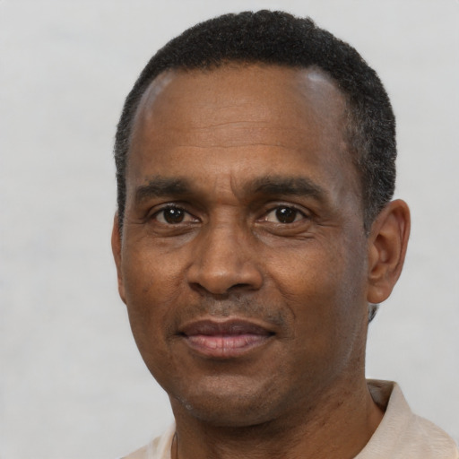 Neutral black adult male with short  black hair and brown eyes