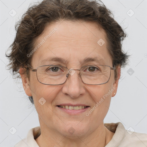 Joyful white middle-aged female with short  brown hair and brown eyes