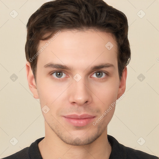 Neutral white young-adult male with short  brown hair and brown eyes