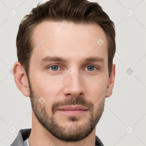 Neutral white young-adult male with short  brown hair and grey eyes