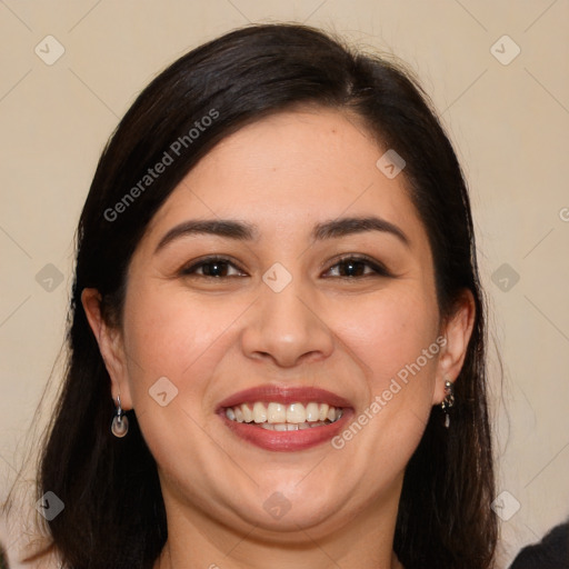 Joyful white young-adult female with long  brown hair and brown eyes