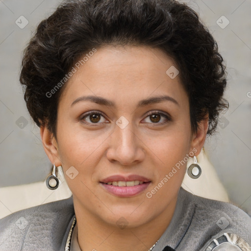 Joyful white adult female with short  brown hair and brown eyes