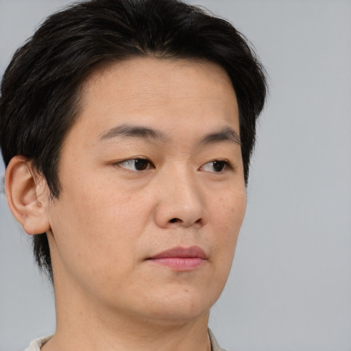 Neutral asian young-adult male with short  brown hair and brown eyes